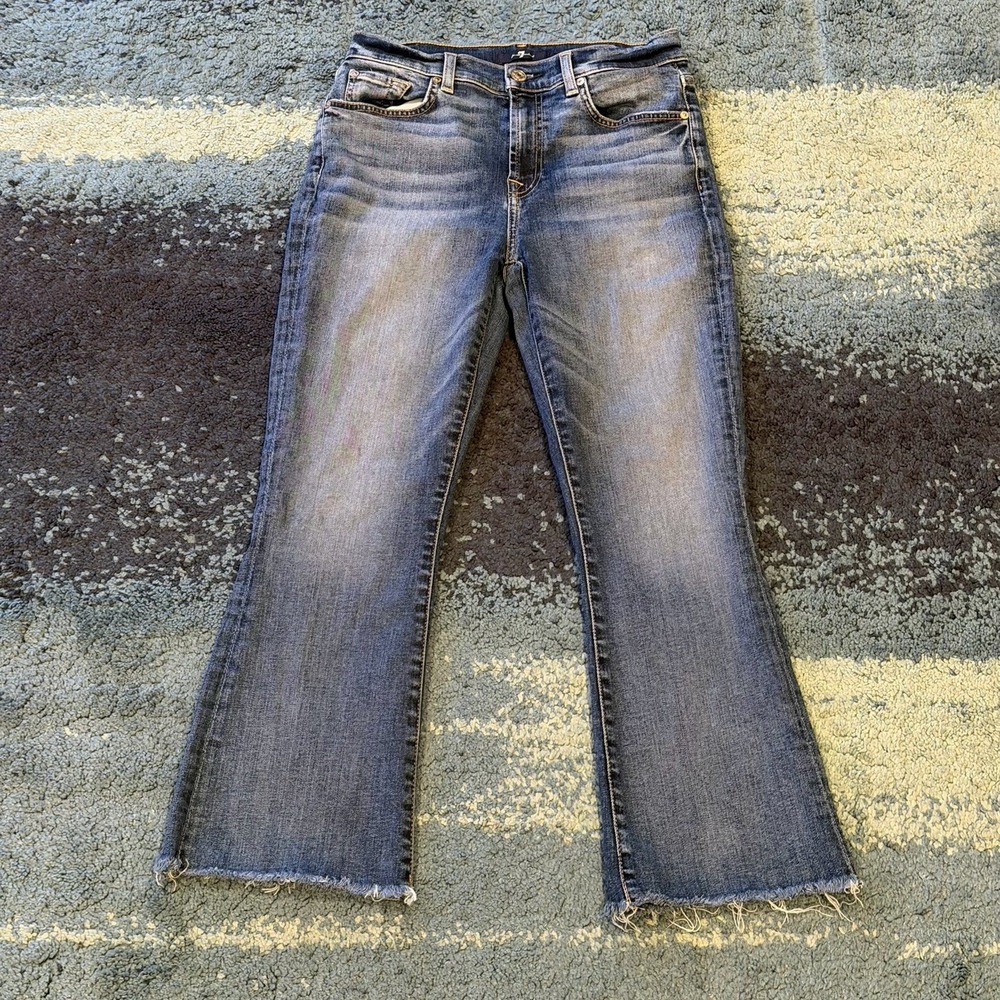 7 For All Mankind Jeans High Rise Slim Kick Blue Raw Hem Boot Crop Women's 27